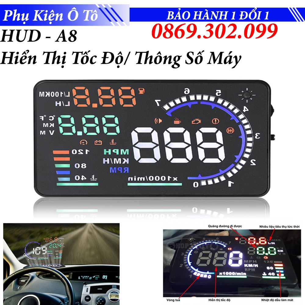 Thiết bị hiển thị tốc độ - Thông số xe ô tô lên kính lái đầy đủ HUD A8