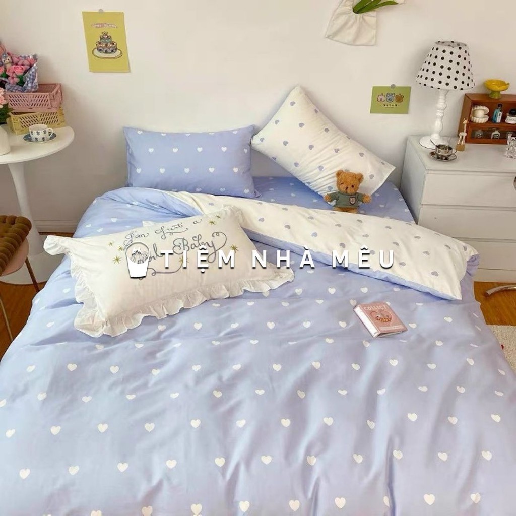 ( Mẫu Mới _ Full Size)Bộ Vỏ Chăn Ga Gối Cotton 3D✨ m6/m8/2m-Tiệm Nhà Mêu✨ Set 4 Món Hoạ Tiết Tim Nhiều Màu Dùng 2 Mặt