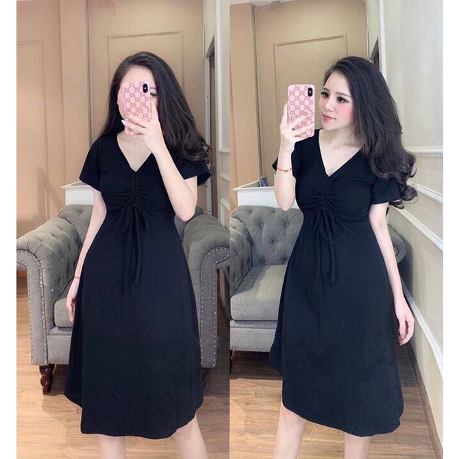 Đầm/ Váy Cổ Tim Rút Dây Nhúm Ngực 2 Màu Đen, Vàng Siêu Hot DV-0040-babytee