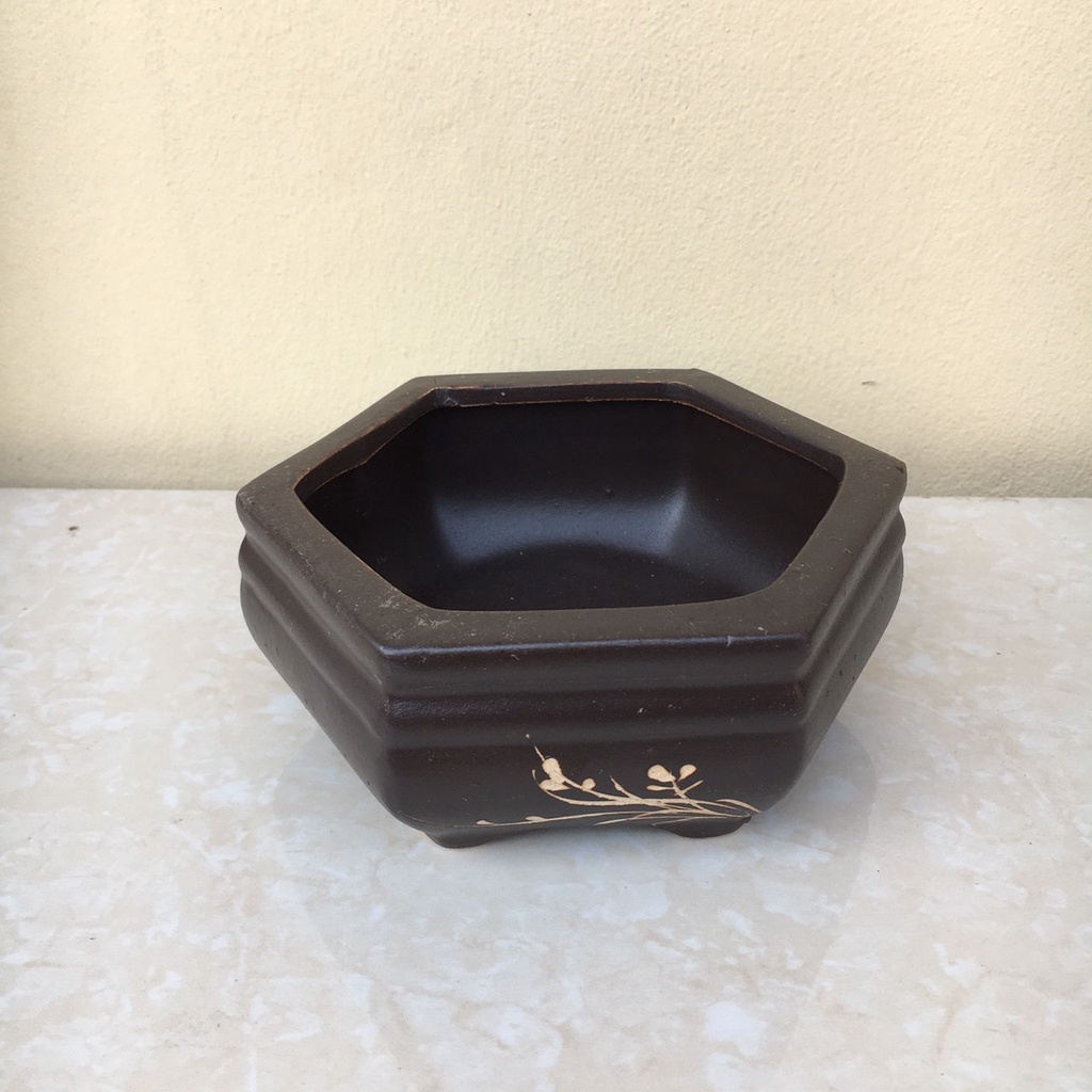 Chậu Lục giác thấp bonsai sen đá mini đất nung màu Đen gốm Bát tràng 1 size SP344