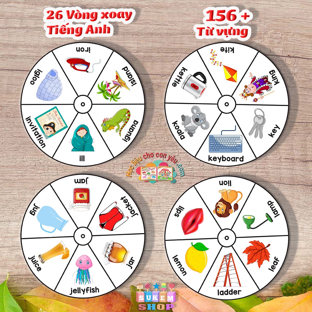 Bộ Flashcard tổng hợp hình tròn xoay 26 bảng chữ cái Tiếng Anh Từ Điển Bằng Hình