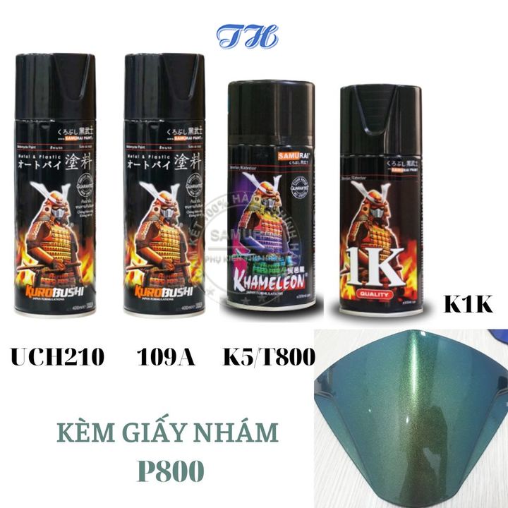 Combo 4 chai sơn samurai Màu 3D Khameleon K5/T800**** gồm: uch210 - 109A - T800 - k1k - giấy nhám p800