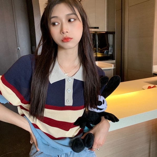 Áo thun ZHELIHANGFEI dệt kim cổ polo tay ngắn họa tiết kẻ sọc thời trang