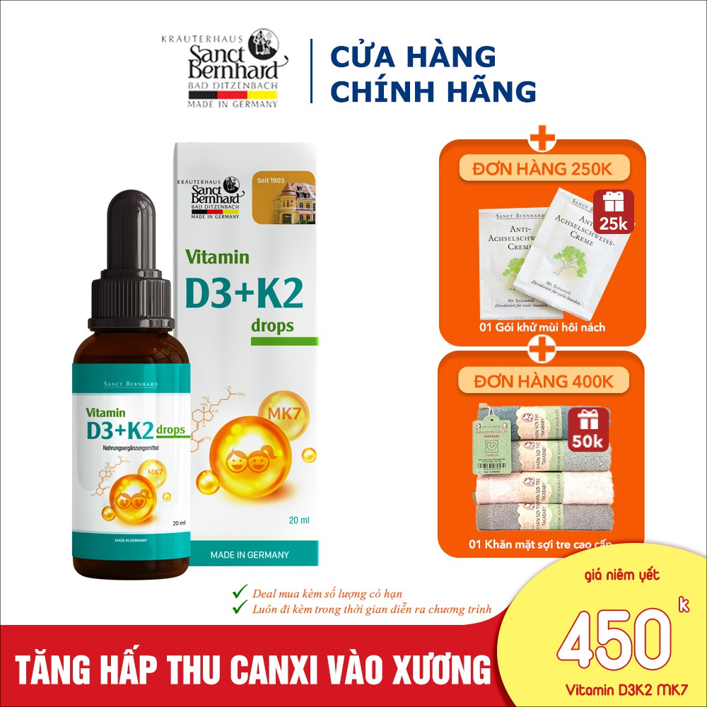 Vitamin D3 K2 MK7 tăng chiều cao cho bé, hấp thu Canxi trong 1 giọt, chống còi xương - Sanct Bernhard Đức