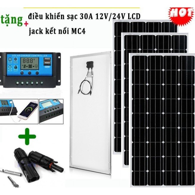 Tấm pin năng lượng mặt trời mono 100w tặng pwm 30a không lcd +mc4