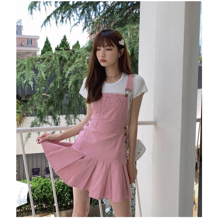 Đầm hai dây XIAOZHAINV dáng chữ A xếp ly màu hồng thời trang phong cách Hàn Quốc cho nữ