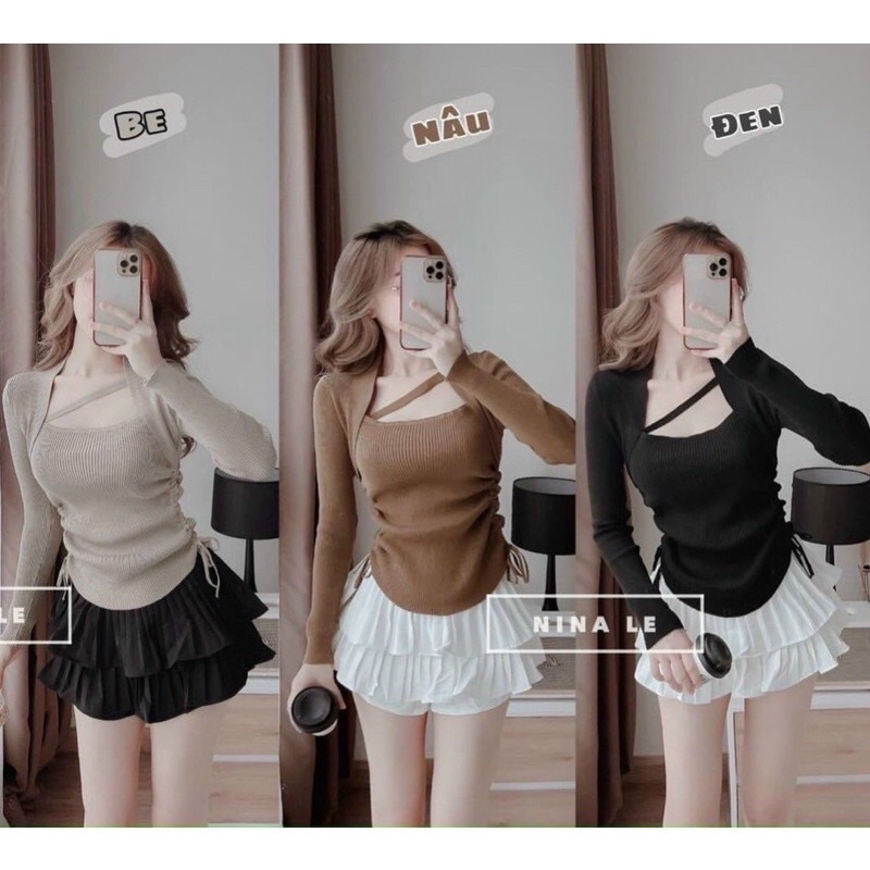 Áo kiểu cổ vuông tay dài 1 dây chéo ngực vạt bầu rút dây 2 bên cực hot , chất thun gân dày dặn - XUMI STORE
