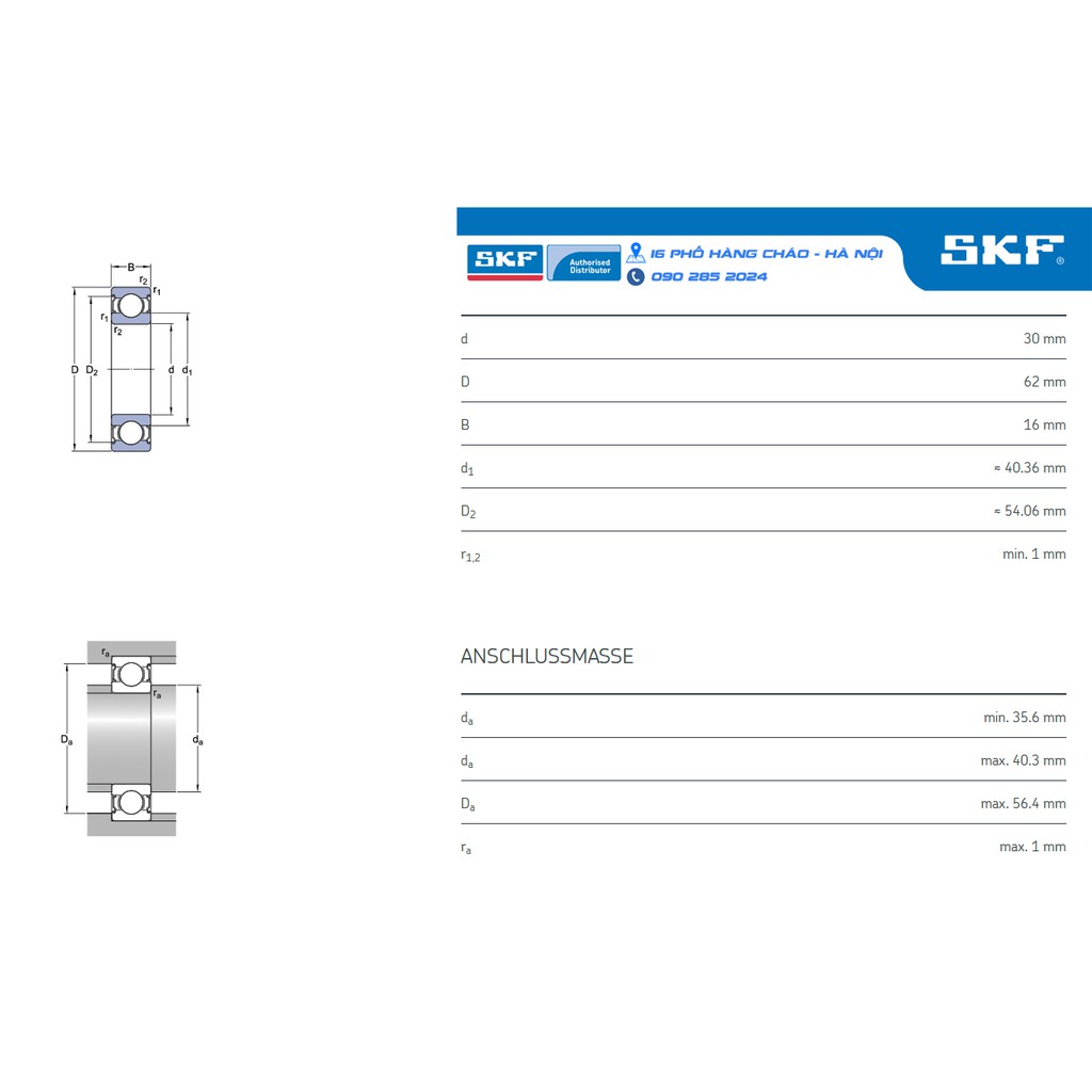 VÒNG BI SKF 6206-2Z/C3 chính hãng