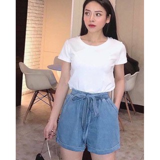 Quần sọt nữ jean giấy cạp chun thắt nơ