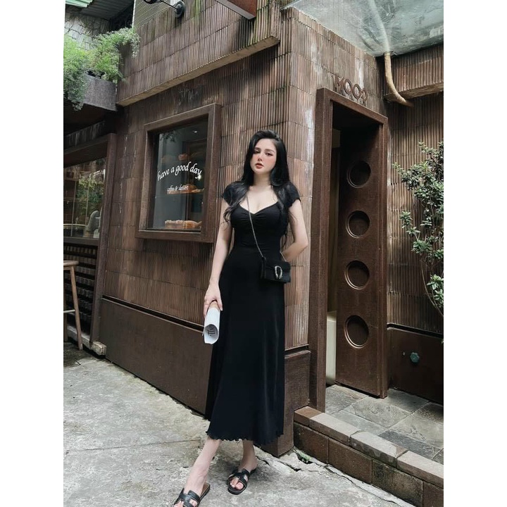 [8.8 Sales Freeship] Đầm thun ôm body, đầm thun cổ vuông nhún ngực tay ngắn, đầm thun maxi dáng dài sexy