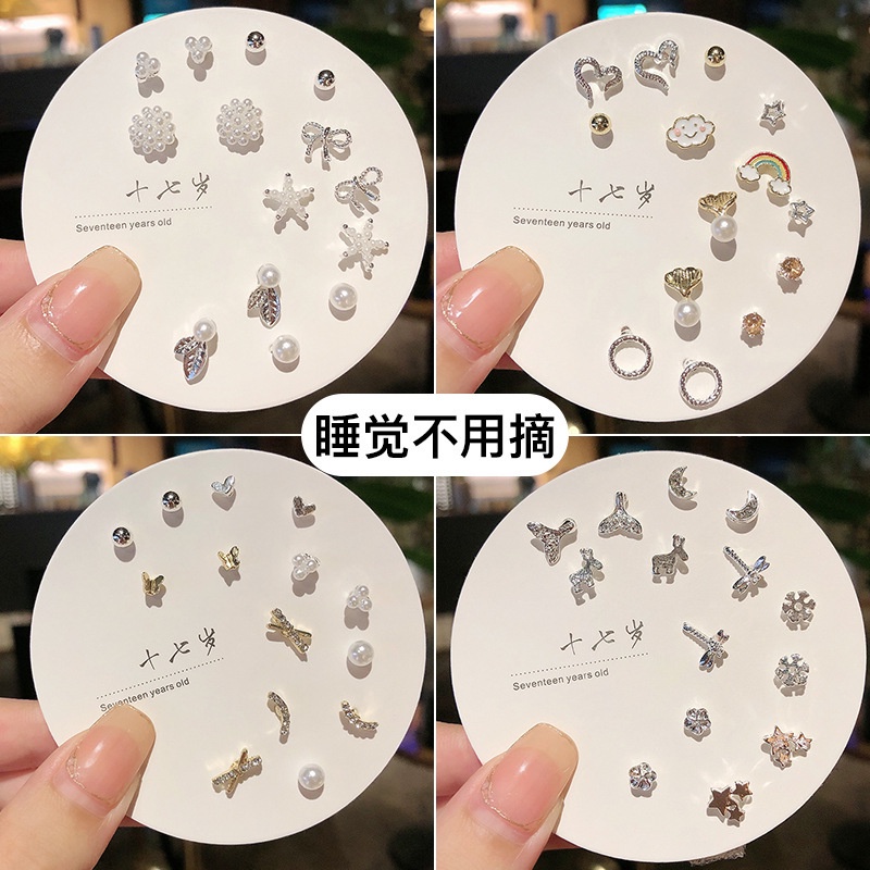 7 Cái/bộ S925 Bạc Bài Bông Tai Nhỏ Nữ Bé Gái Bông Tai Trang Sức Thời Trang