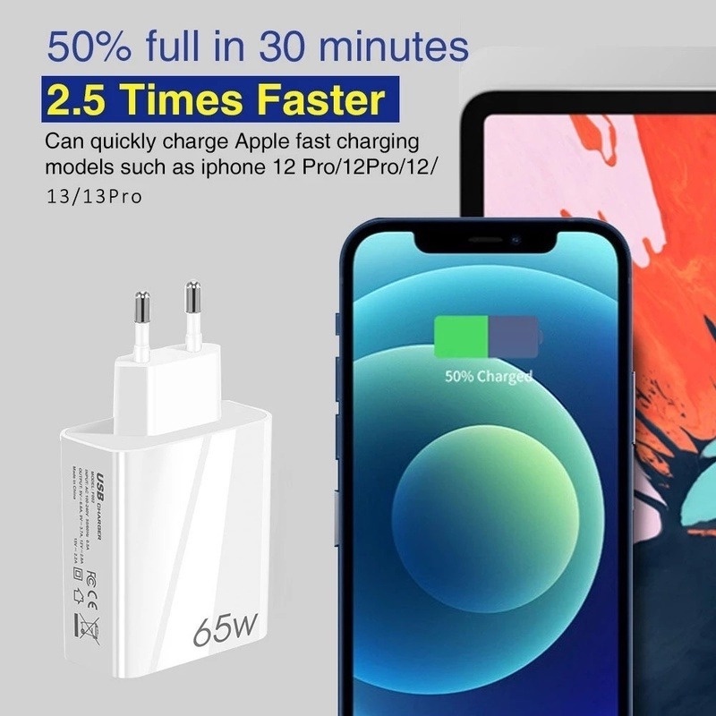 Bộ Sạc Nhanh 65W Hai Cổng USB Phích Cắm US-EU Cho Laptop/Điện Thoại Di Động