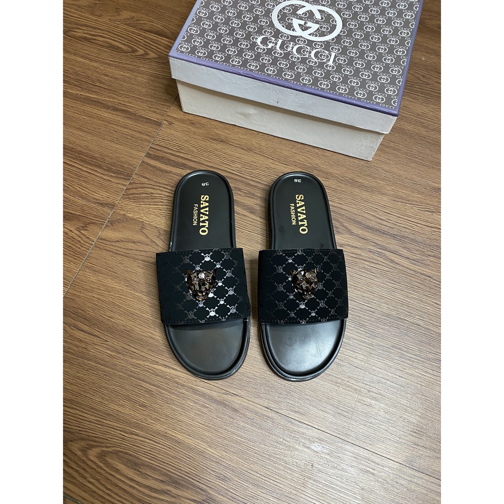 Dép lê Savato nam - Dép Savato quai ngang vân logo sói - Dép GC