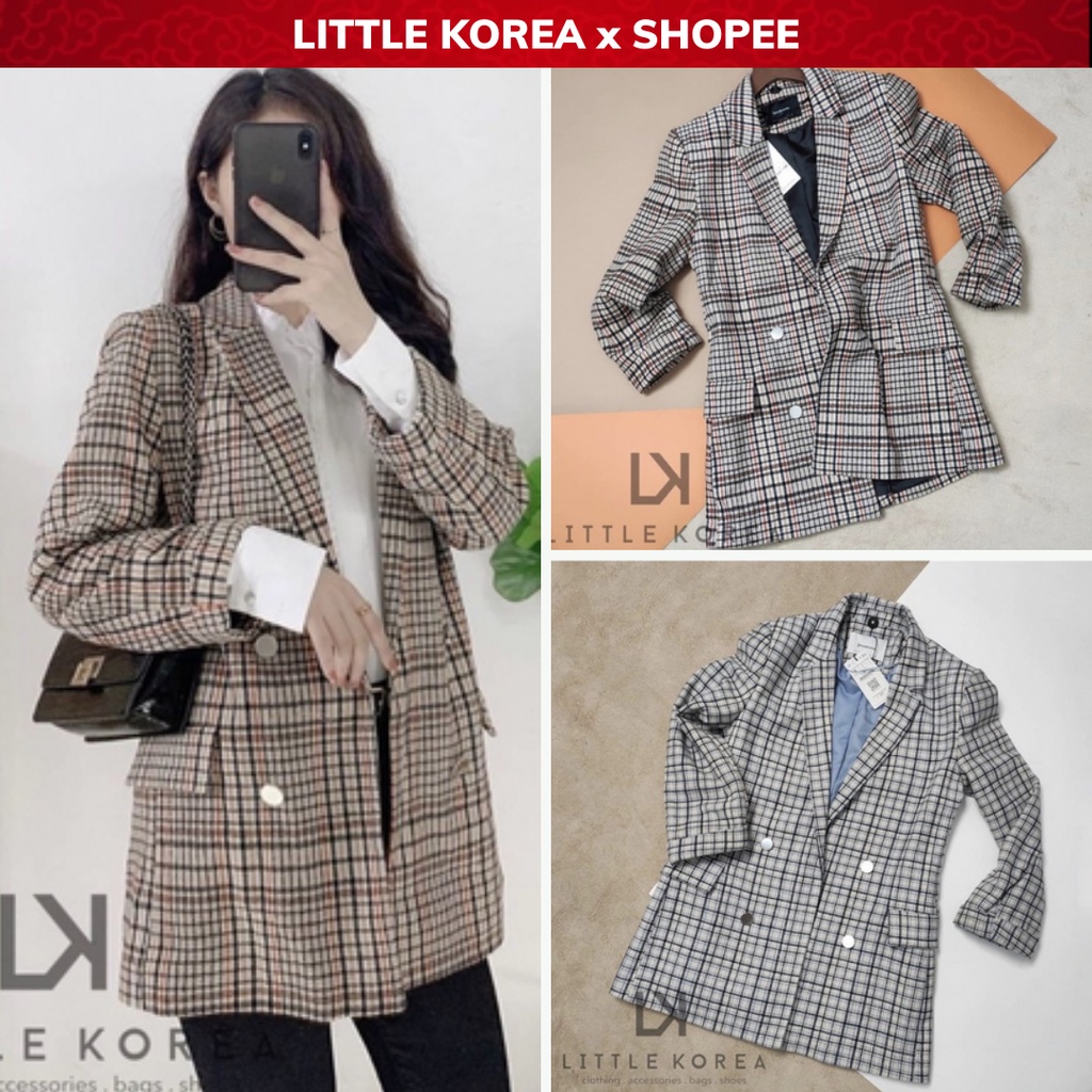 Áo Khoác Dạ Nữ, Áo Blazer Nữ 2 Lớp Dáng Dài Kẻ Caro STRA - LITTLE KOREA