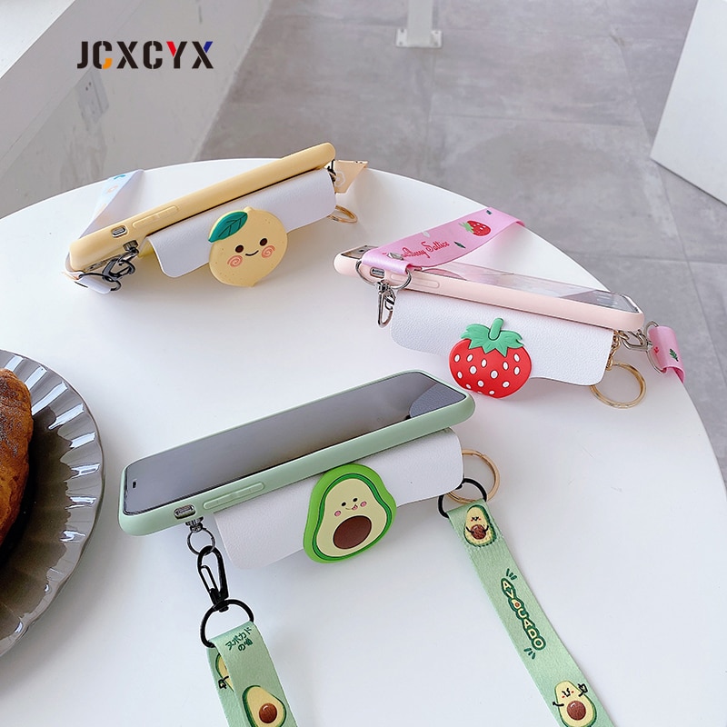 Ốp điện thoại gắn ví da mềm hình quả bơ dâu hoạt hình 3D cho Iphone 12 mini 11 Pro Max X XR XS 6S 7 8 plus SE 2020