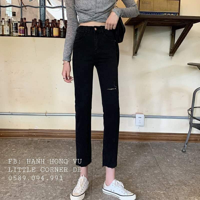 Baggy đen ráchQuần slim baggy jean đen rách bên lưng cao kèm ảnh thật hàng có sẵn