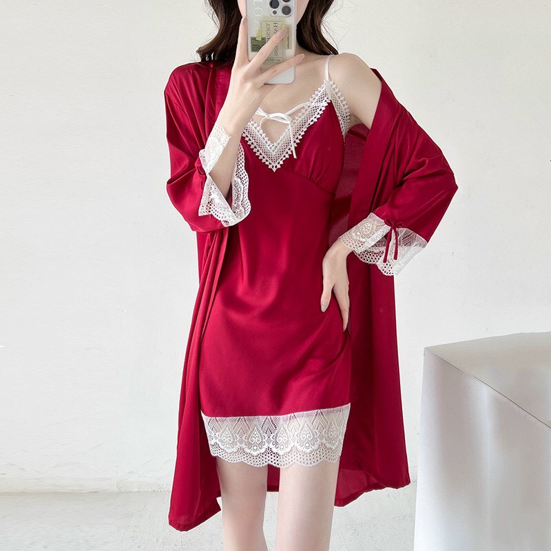 Váy ngủ sexy nữ gợi cảm LACELIPS chất ren voan cao cấp gồm váy 2 dây và áo choàng_Mã 219
