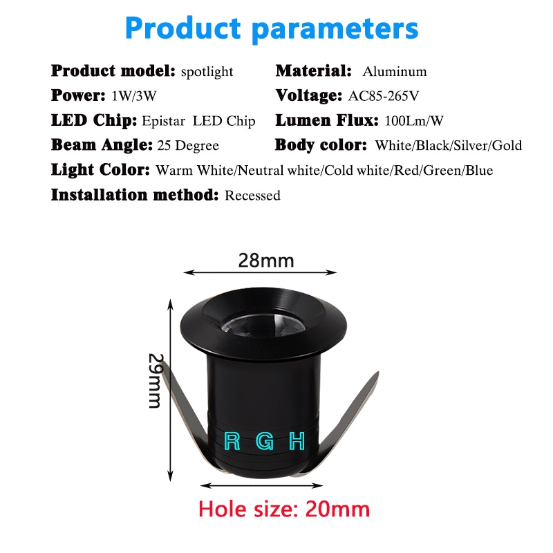 Đèn led Tròn mini cob 220v 1w 3w Ánh Sáng Trắng Đen Có Thể Tháo Rời