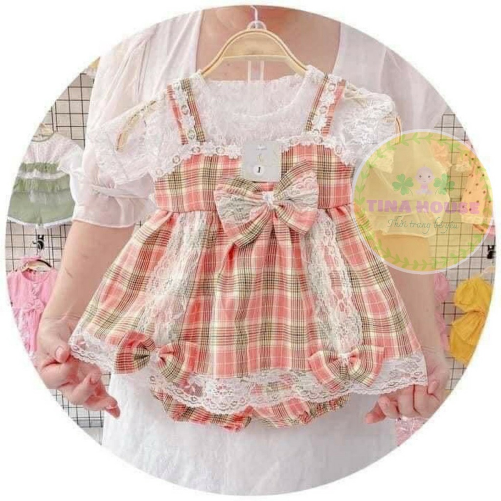 Set bộ bé gái caro hồng phối ren kèm nơ thiết kế