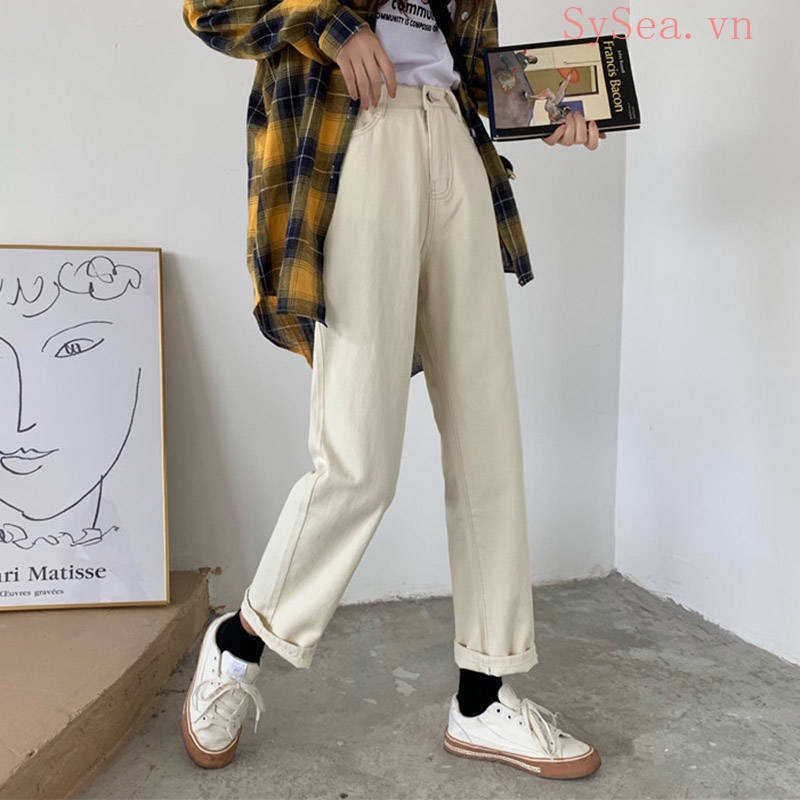 Quần Jean Ống Rộng Lưng Cao Thời Trang Cho Nữ