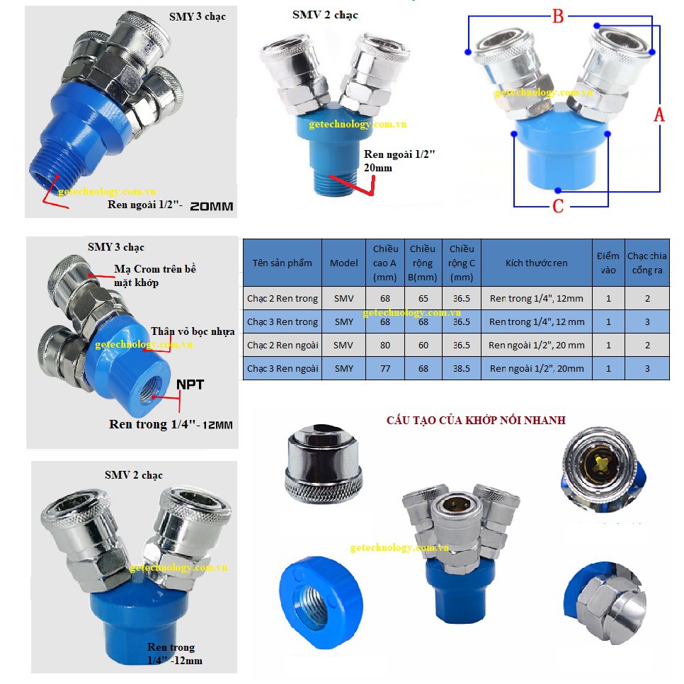 Chạc chia khí 2 và 3 SMY và SMV ren trong 1/4 (12mm) Bộ chia khí 2 và 3 SMY và SMV