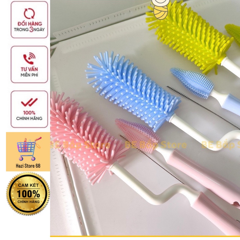 Bộ Cọ rửa bình sữa Silicon cao cấp 3 chi tiết cọ sạch bình sữa và núm ti, silicon siêu mềm an toàn tuyệt đối với tay cầm