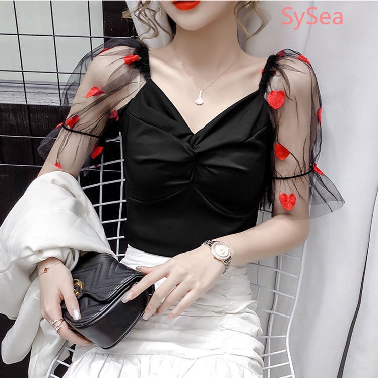 Áo Kiểu Cổ Chữ V Phối Lưới Thời Trang Mùa Hè Cho Nữ