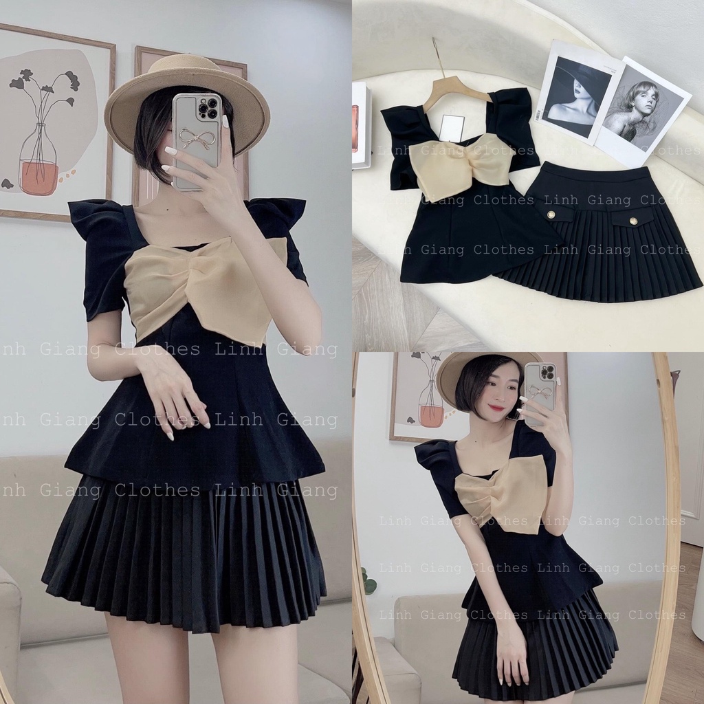 Set Áo Tay Phồng Nơ Mix Chân Váy Dập Ly Phong Cách