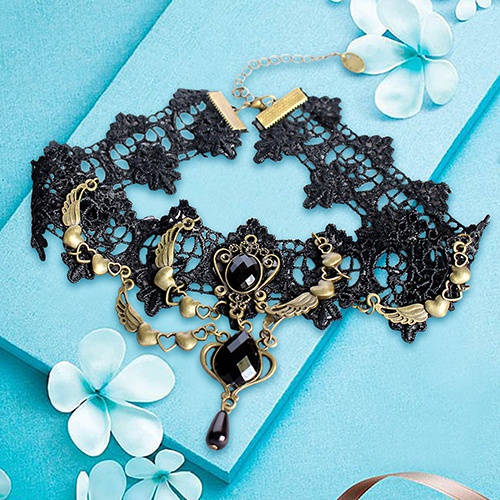 Vòng cổ Choker ren hoa đính đá phong cách Gothic