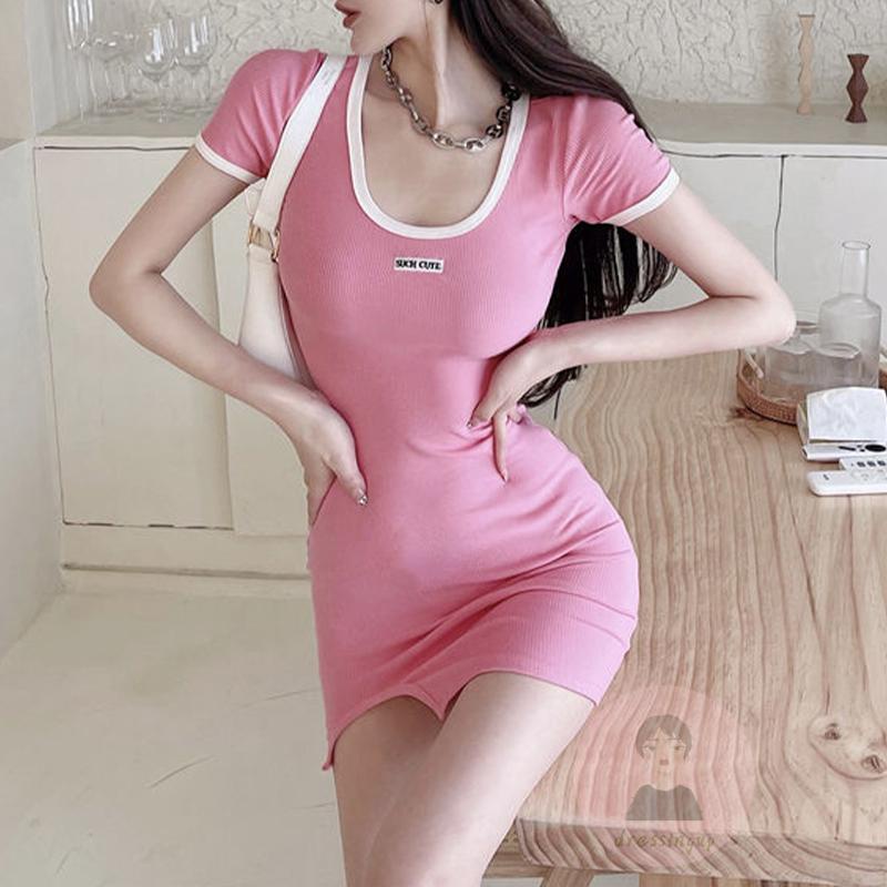 Đầm Ôm Xẻ Tà Cổ Chữ U Tay Ngắn Màu Đen / Hồng / Trắng Họa Tiết Chữ Cho Nữ