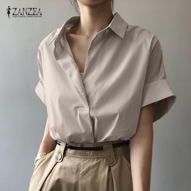 Áo sơ mi ZANZEA tay ngắn cổ bẻ thời trang dành cho nữ