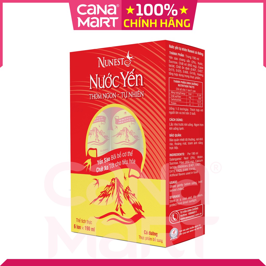 Nước yến sào Nunest loại có đường, bồi bổ cơ thể, tăng cường sức khỏe, tốt cho tiêu hóa (Lốc 6 lon x 190ml)