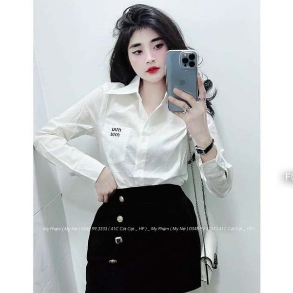 Áo sơ mi nữ trắng dài tay form rộng miumiu xinh xắn
