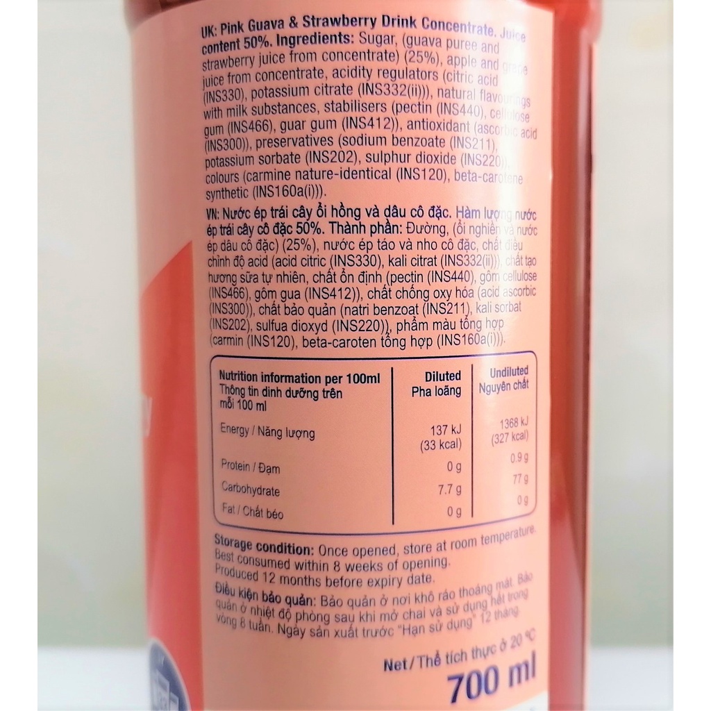 [Chai 700ml - ỔI HỒNG &amp; DÂU] NƯỚC ÉP TRÁI CÂY CÔ ĐẶC [Malaysia] SUNQUICK Pink Guava &amp; Strawbery Fruity (halal)