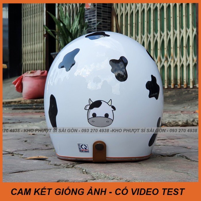 GIỐNG ẢNH - Mũ bảo hiểm 3/4 trắng lót nâu đốm bò sữa đen hơi bị cute - Nón 3/4 bò sữa đen cho couple dễ thương
