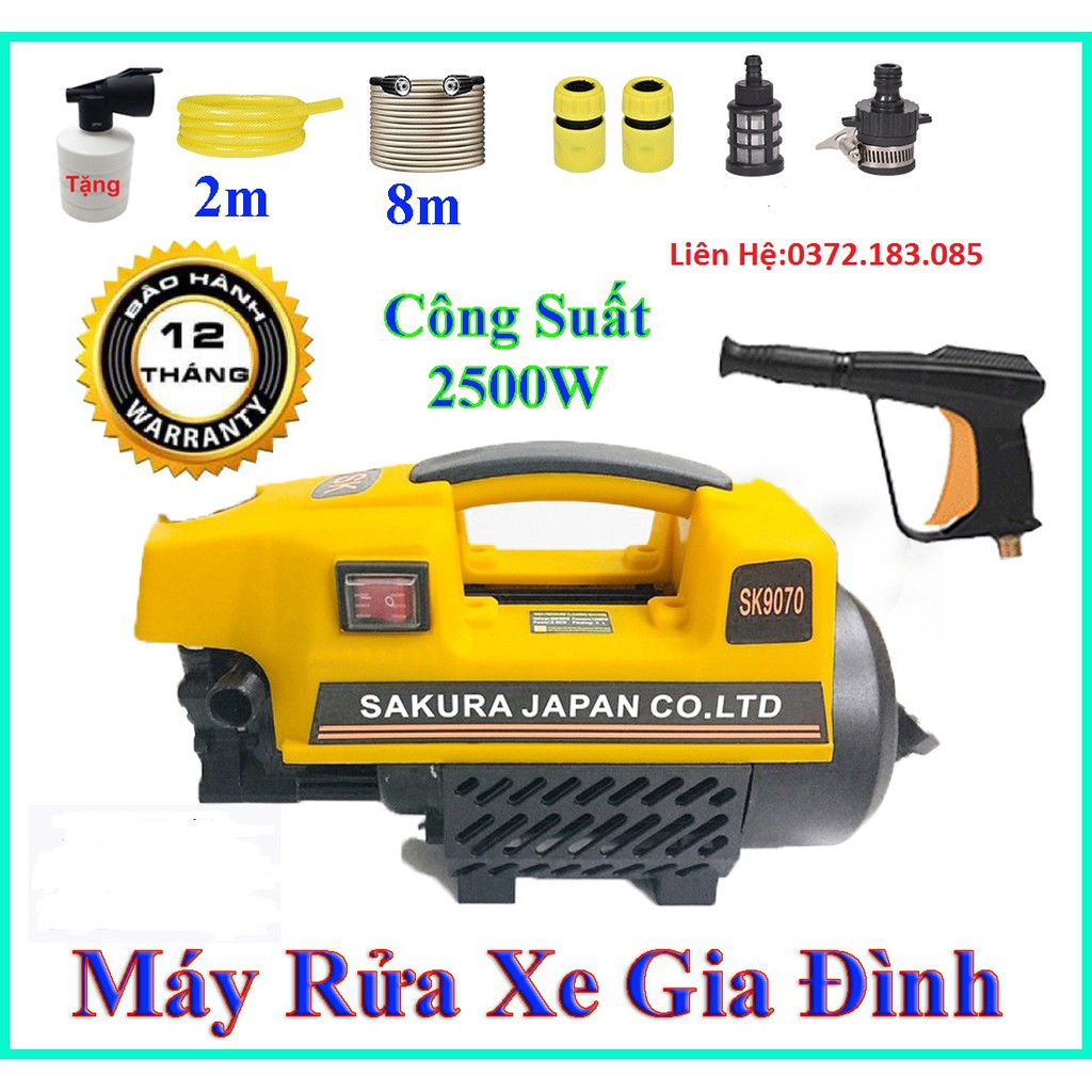 Máy xịt rửa mini - máy rửa xe sakura - 2500w - motor từ- tự hút nước - tặng bình xà phòng