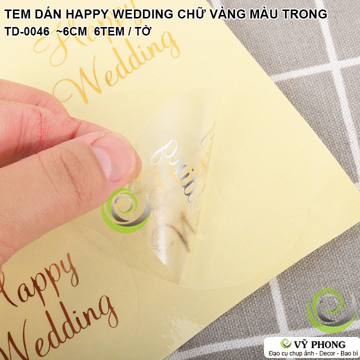 TEM DÁN TRÒN STICKER NHÃN DÁN HAPPY WEDDING TRANG TRÍ NIÊM PHONG BAO BÌ HỘP QUÀ BÁNH KẸO TD-0046