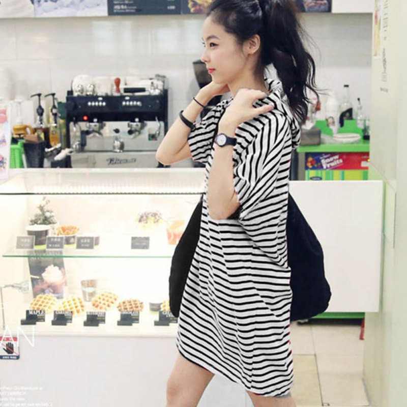 Đầm nữ sọc ngang tay ngắn phong cách Hàn Quốc thời trang