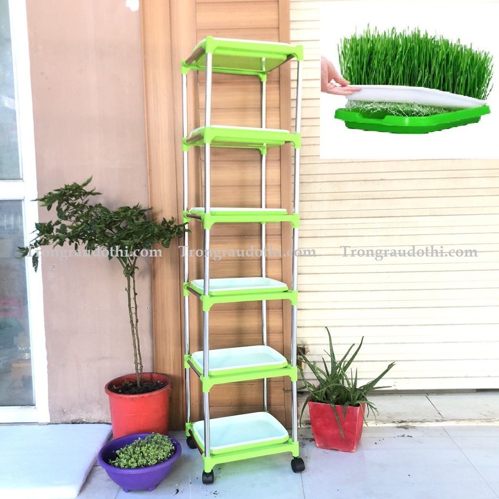 (TẶNG 500gram HẠT RAU MẦM ĐẬU HÀ LAN + 1 VÒI XỊT) Bộ chậu kệ trồng rau mầm lắp ghép 6 tầng 6 chậu