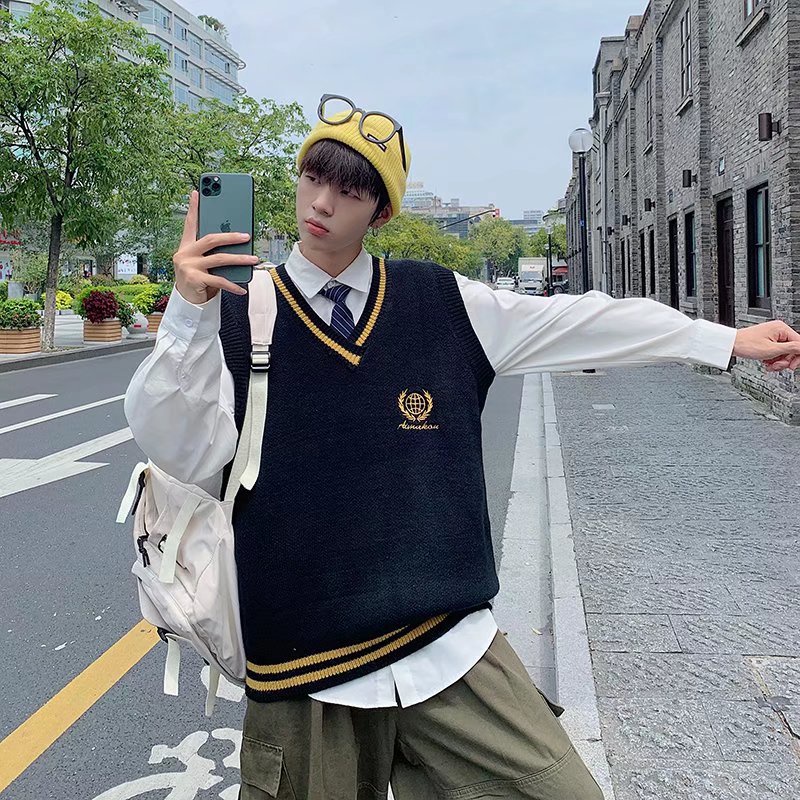 Áo Len Không Tay Dáng Rộng Họa Tiết Thêu Thời Trang Hàn Quốc Cho Nam