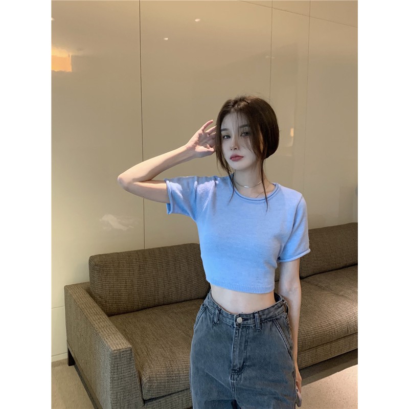 NZN Áo croptop dệt kim tay ngắn màu trơn thời trang mùa hè cho nữ 3 màu tự chọn