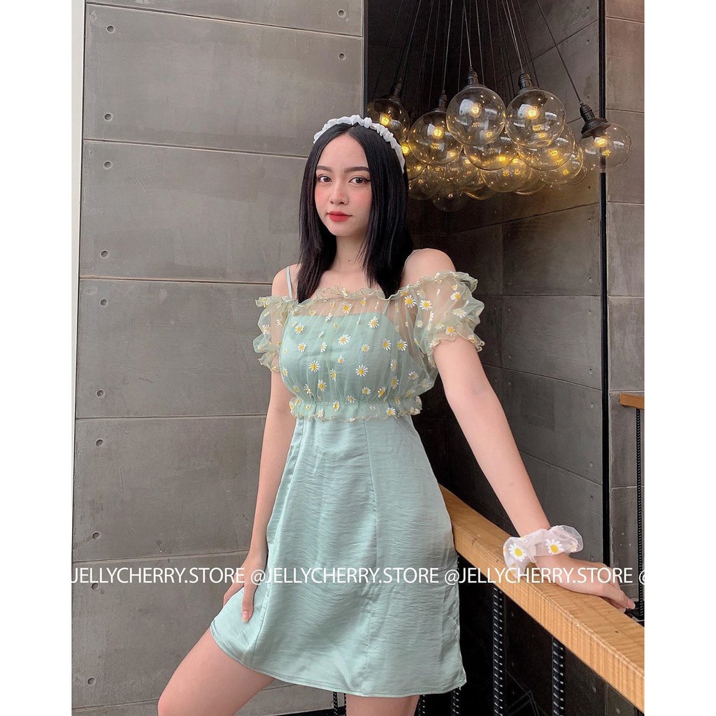 [VD078] Set đầm 2 dây kèm áo lưới hoa cúc (có ảnh thật)