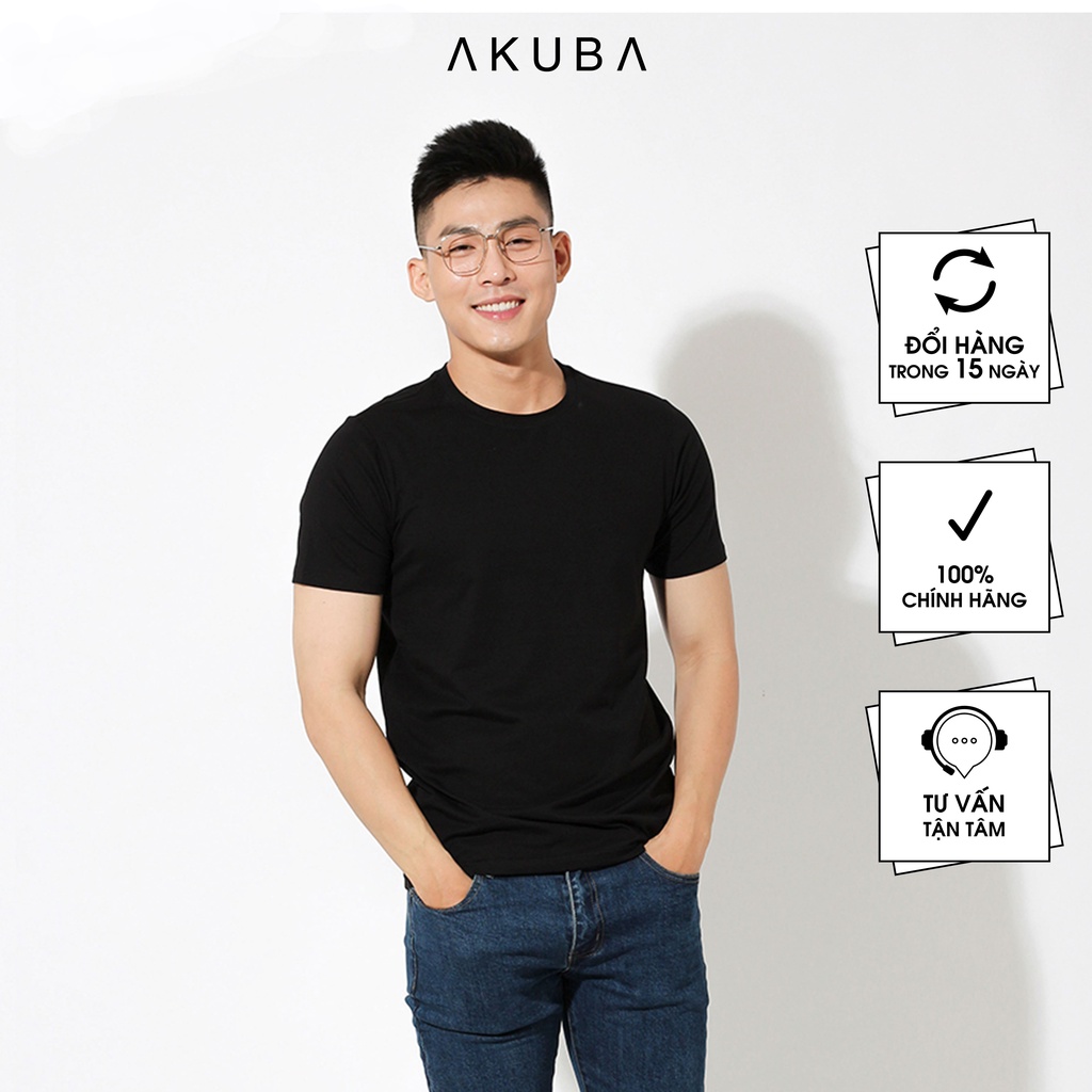 Áo thun nam trơn cổ tròn cotton AKUBA form slimfit basic tay ngắn, vải mịn, co giãn 4 chiều thoải mái, trẻ trung 01J655