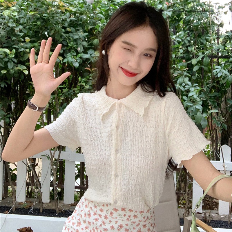 Áo Sơ Mi Ngắn Tay Cổ Bẻ Xếp Ly Thời Trang