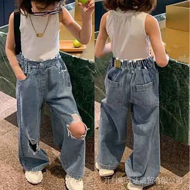 Quần jean ống rộng màu trơn thiết kế rách gối phong cách Hàn Quốc thời trang dành cho bé gái Mới Cho 2022
