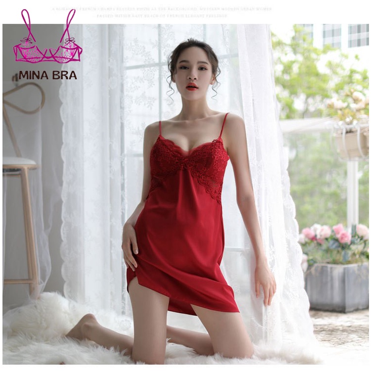 Váy Ngủ Hai Dây Cổ Chữ V Khoét Sau Gợi Cảm Thời Trang MINABRA Đầm Ngủ Phối Ren Ngực Có Đệm VN01 | BigBuy360 - bigbuy360.vn