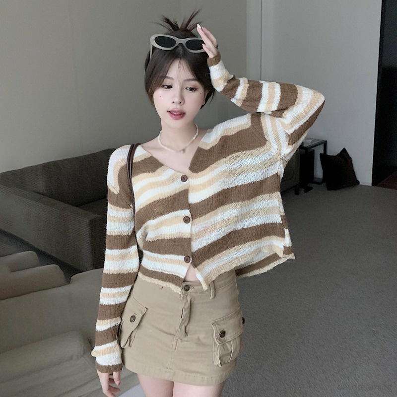 Áo Khoác Cardigan Dệt Kim Tay Dài Họa Tiết Kẻ Sọc Thời Trang Cho Nữ