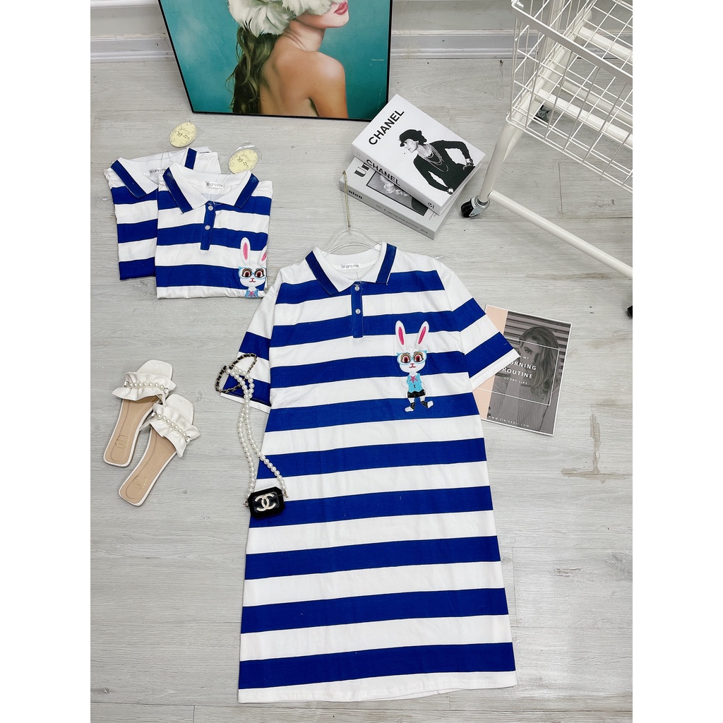 Váy polo kẻ xanh thêu thỏ chất cotton mát mẻ - Hàng có sẵn - Xưởng may Lộc Vân