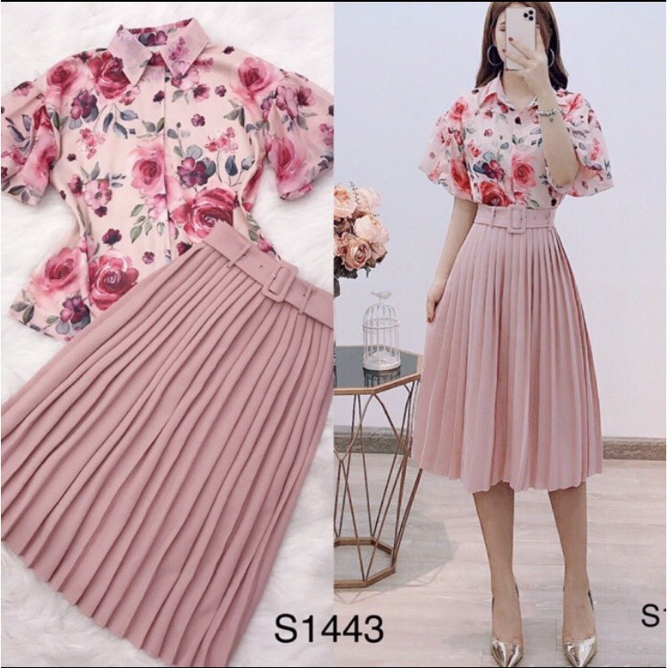 Sét áo sơ mi hoa hồng tay phồng điệu đà mix chân váy xếp ly_S1443