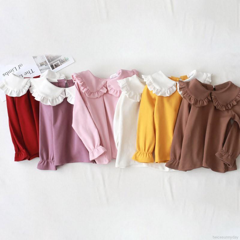 Áo thun tay dài phối bèo màu trơn cho bé gái